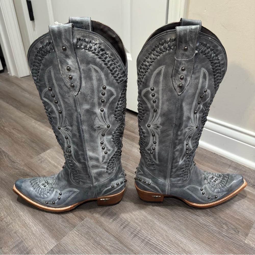 Lane Cosette Braided Stud Western Cowboy Leather Boots in Washed Denim - Picture 8 of 14